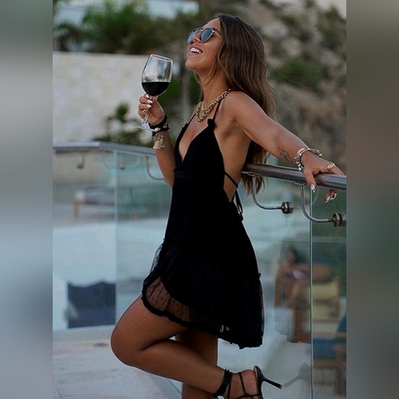 New Boho Lace Tulle Dot Ruffle Halter Mini Dress Strappy Tie Black - Picture 1 of 11